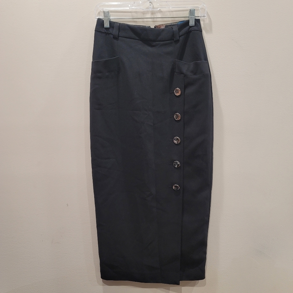 Sz 1 Ted Baker Vintage Black Noir Esthetic Curve Hugging Long Pencil Skirt